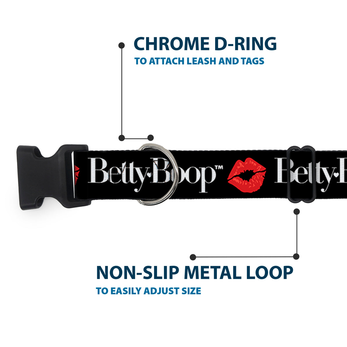 Plastic Clip Collar - BETTY BOOP Text and Kiss Black/White/Red Dog Collars Plastic Clip Side Release Betty Boop