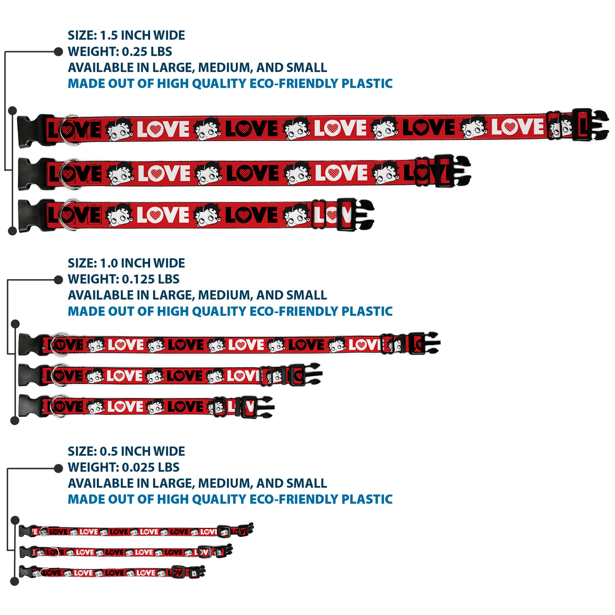 Plastic Clip Collar - Betty Boop Face and LOVE Text Red/Black/White Dog Collars Plastic Clip Side Release Betty Boop