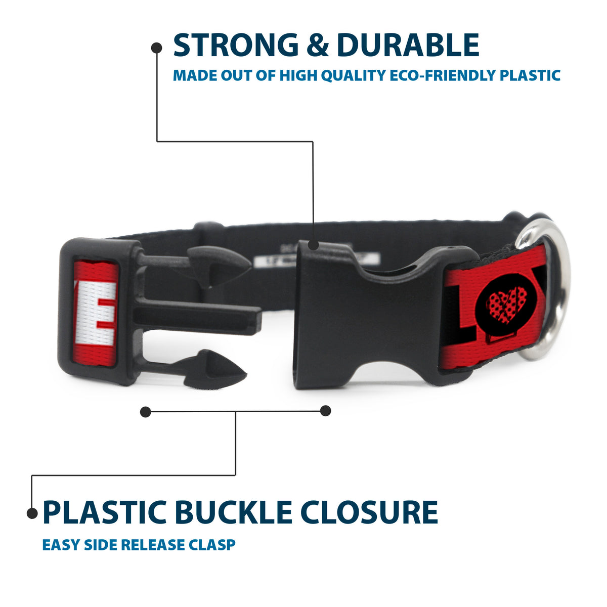 Plastic Clip Collar - Betty Boop Face and LOVE Text Red/Black/White Dog Collars Plastic Clip Side Release Betty Boop