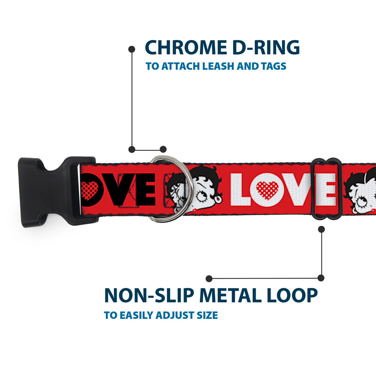 Plastic Clip Collar - Betty Boop Face and LOVE Text Red/Black/White Dog Collars Plastic Clip Side Release Betty Boop