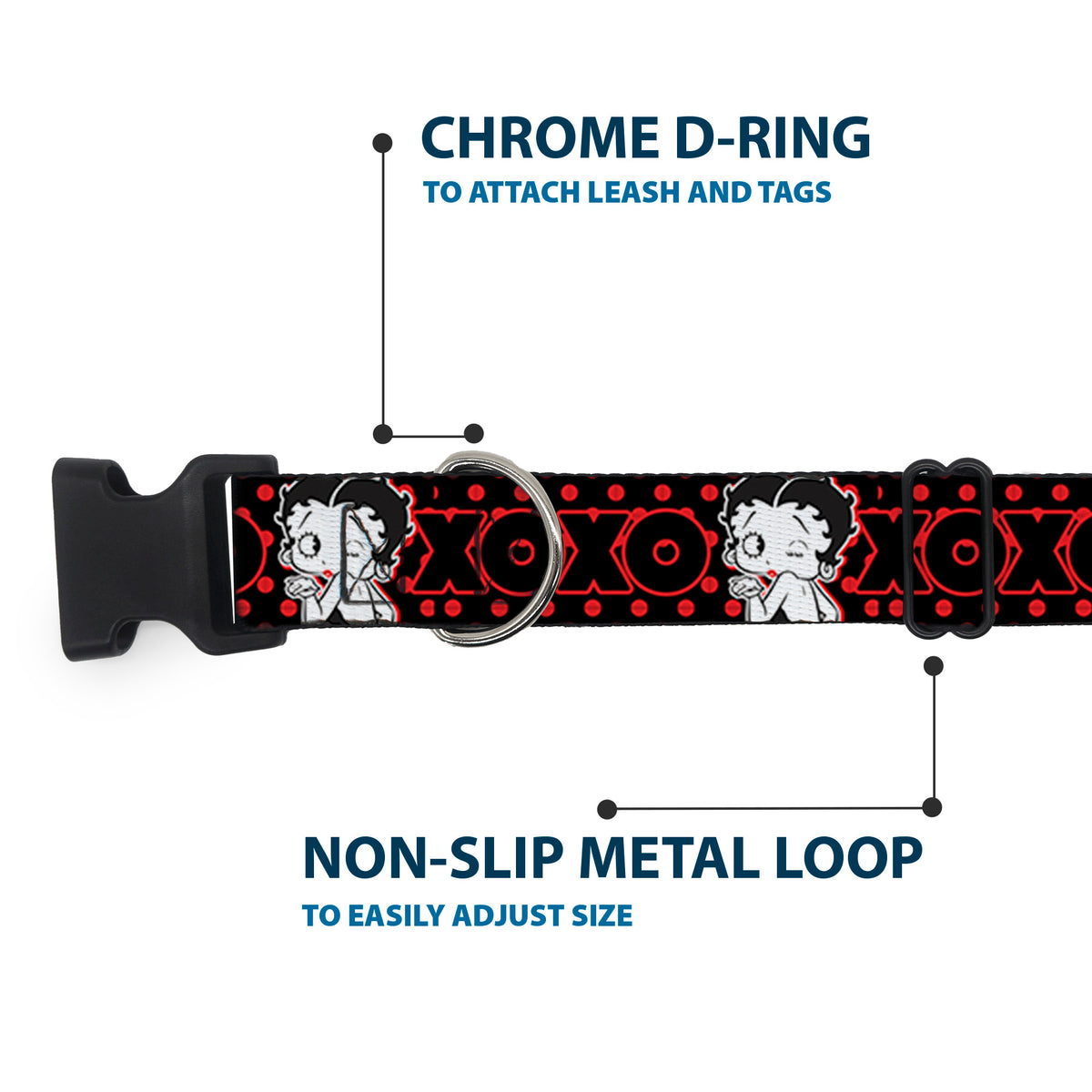 Plastic Clip Collar - Betty Boop Winking Kiss Pose with XOXO Text Polka Dot Black/Red/White Dog Collars Plastic Clip Side Release Betty Boop