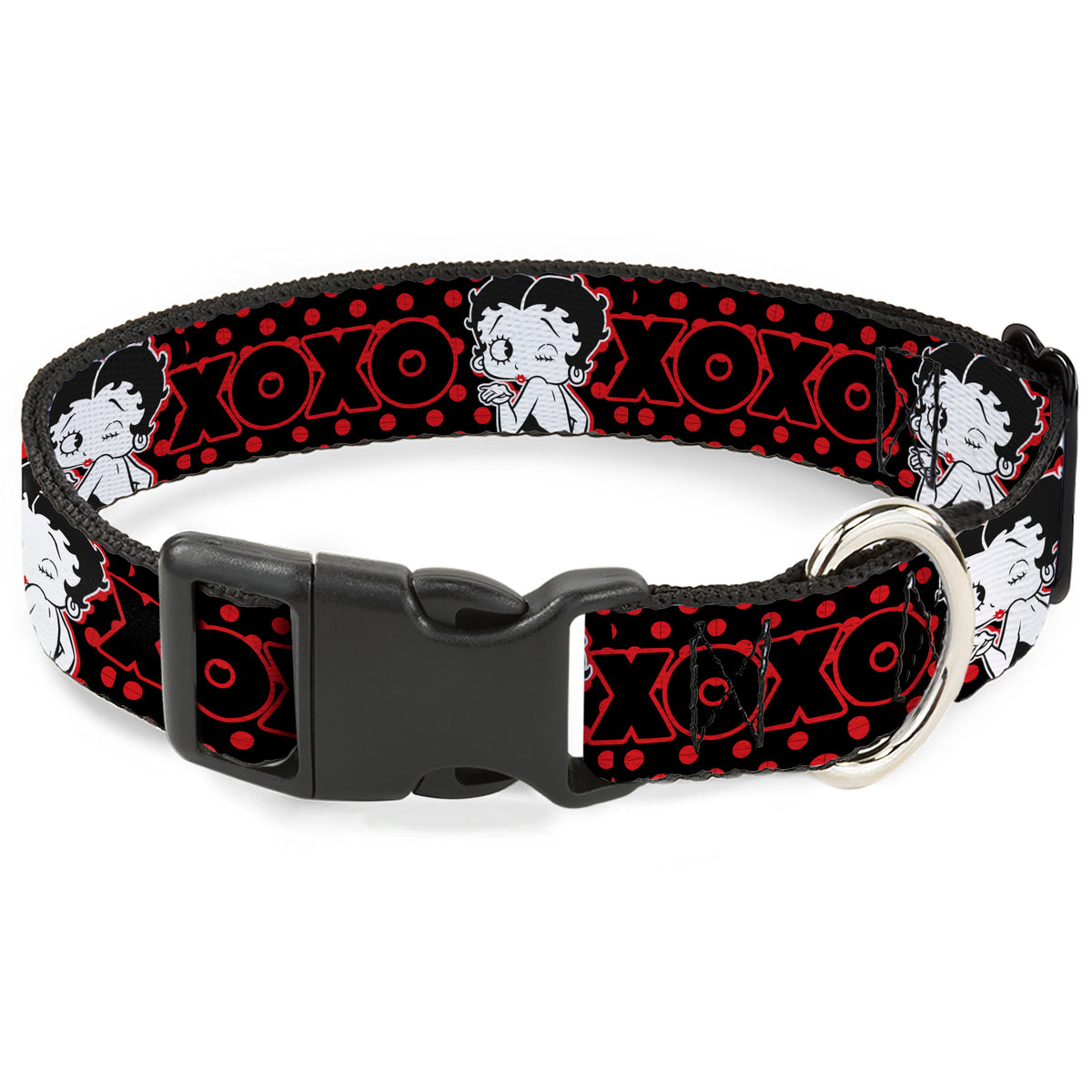 Plastic Clip Collar - Betty Boop Winking Kiss Pose with XOXO Text Polka Dot Black/Red/White Dog Collars Plastic Clip Side Release Betty Boop