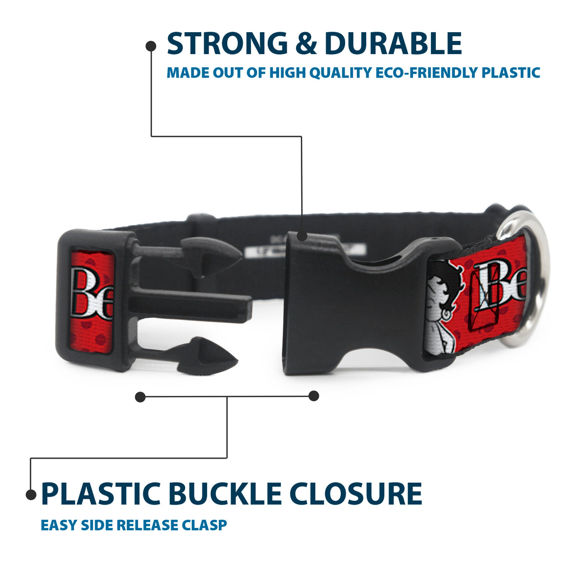 Plastic Clip Collar - BETTY BOOP Winking Kiss Pose and Text Reds/Black/White Dog Collars Plastic Clip Side Release Betty Boop