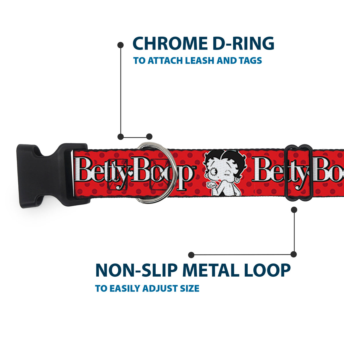 Plastic Clip Collar - BETTY BOOP Winking Kiss Pose and Text Reds/Black/White Dog Collars Plastic Clip Side Release Betty Boop