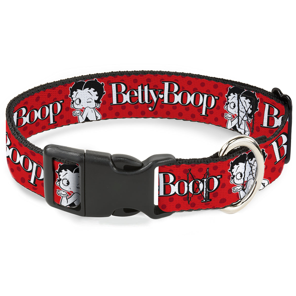 Plastic Clip Collar - BETTY BOOP Winking Kiss Pose and Text Reds/Black/White Dog Collars Plastic Clip Side Release Betty Boop
