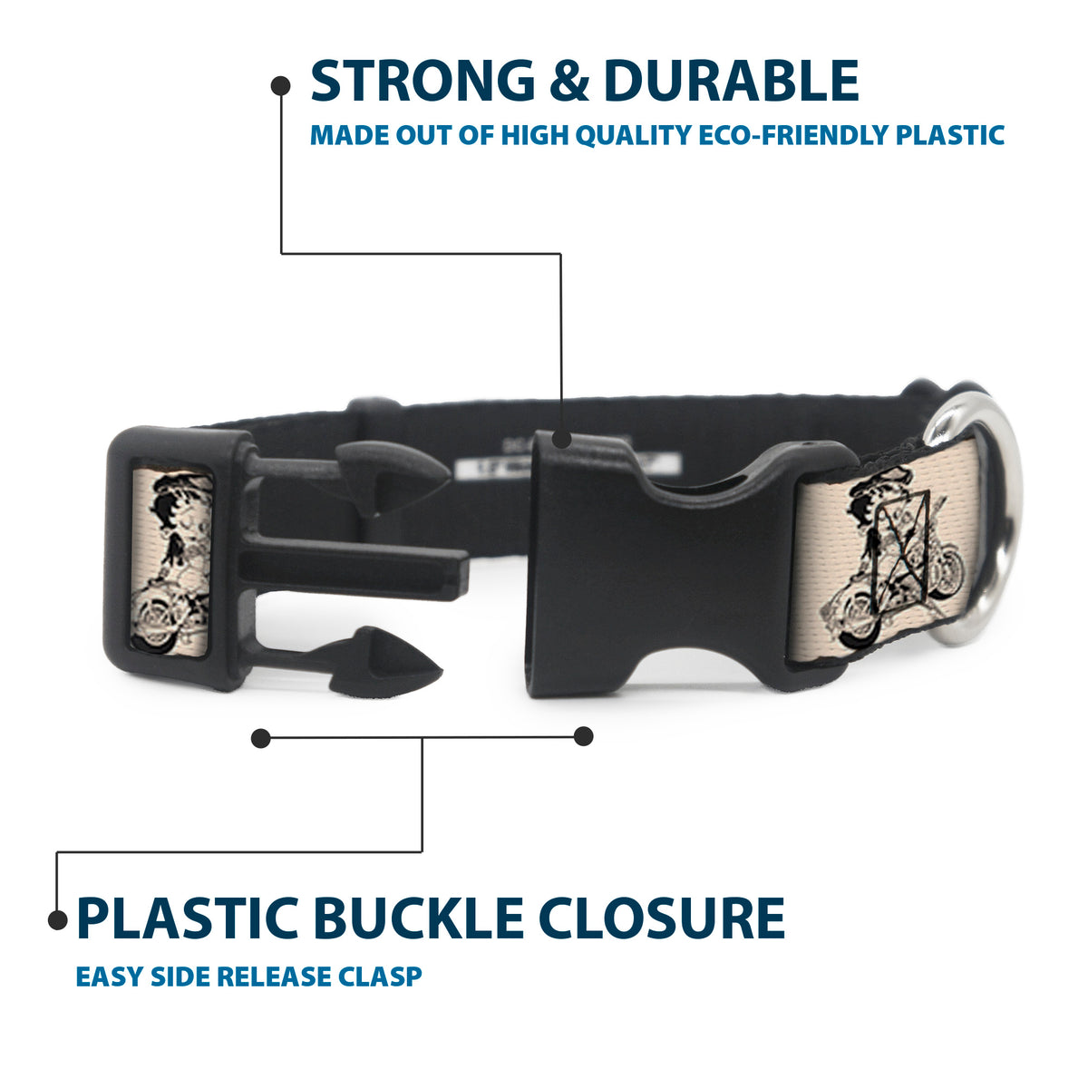 Plastic Clip Collar - Betty Boop Biker Betty Poses Beige/Black Dog Collars Plastic Clip Side Release Betty Boop