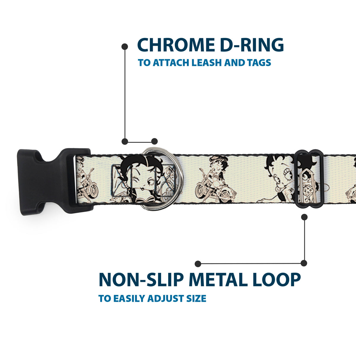 Plastic Clip Collar - Betty Boop Biker Betty Poses Beige/Black Dog Collars Plastic Clip Side Release Betty Boop
