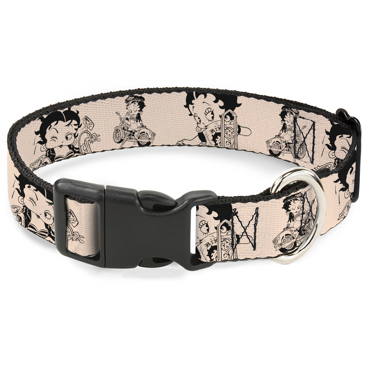 Plastic Clip Collar - Betty Boop Biker Betty Poses Beige/Black Dog Collars Plastic Clip Side Release Betty Boop