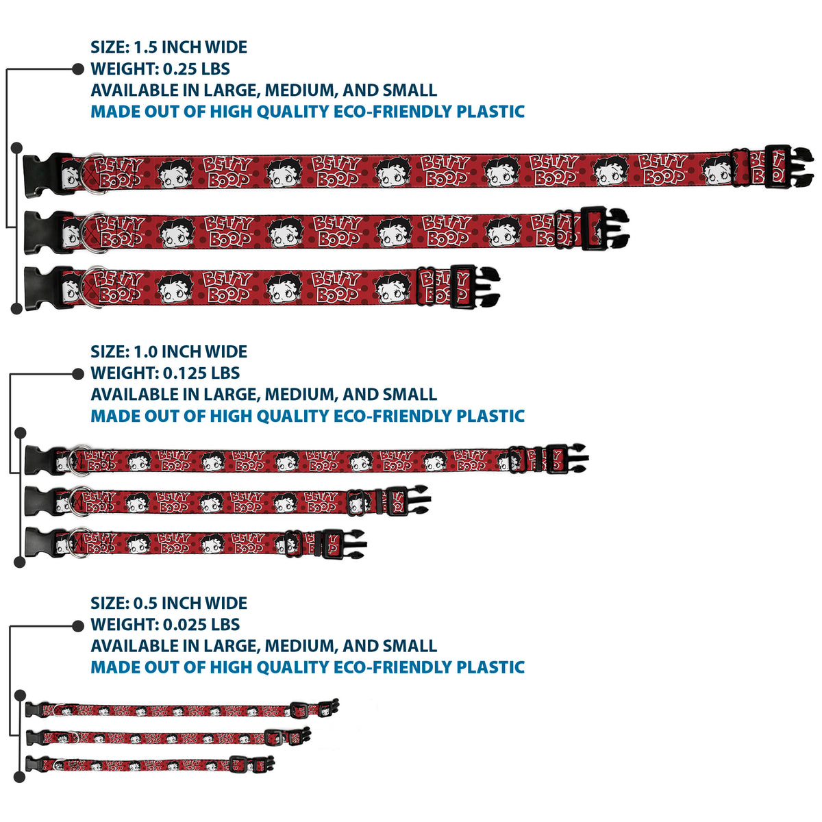 Plastic Clip Collar - BETTY BOOP Face and Text Polka Dot Reds/Black/White Dog Collars Plastic Clip Side Release Betty Boop