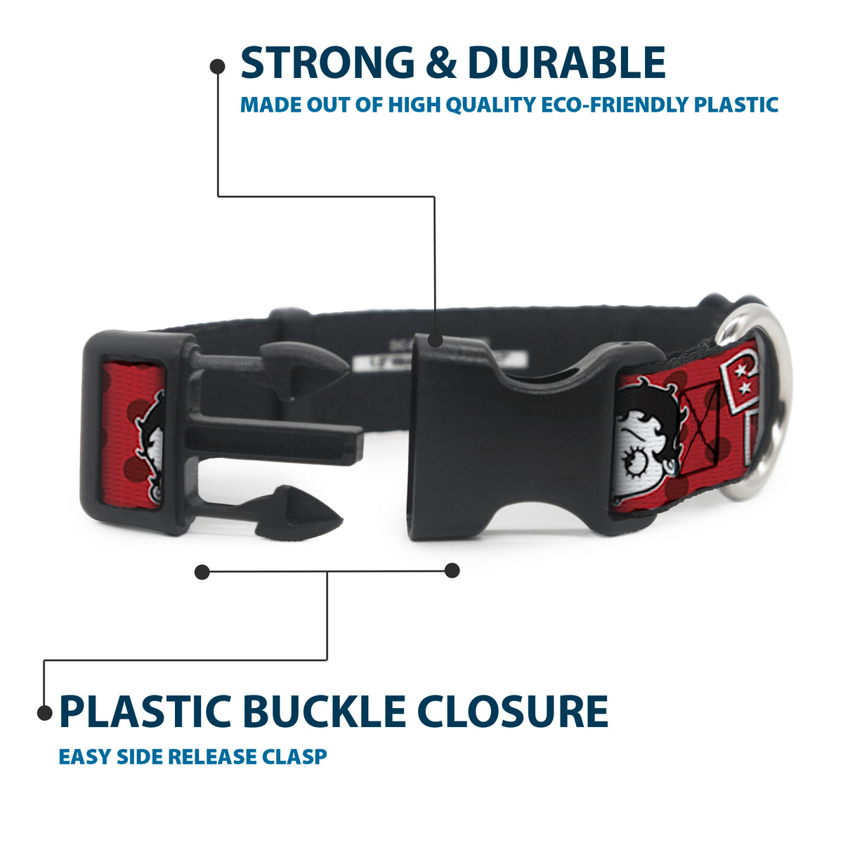 Plastic Clip Collar - BETTY BOOP Face and Text Polka Dot Reds/Black/White Dog Collars Plastic Clip Side Release Betty Boop