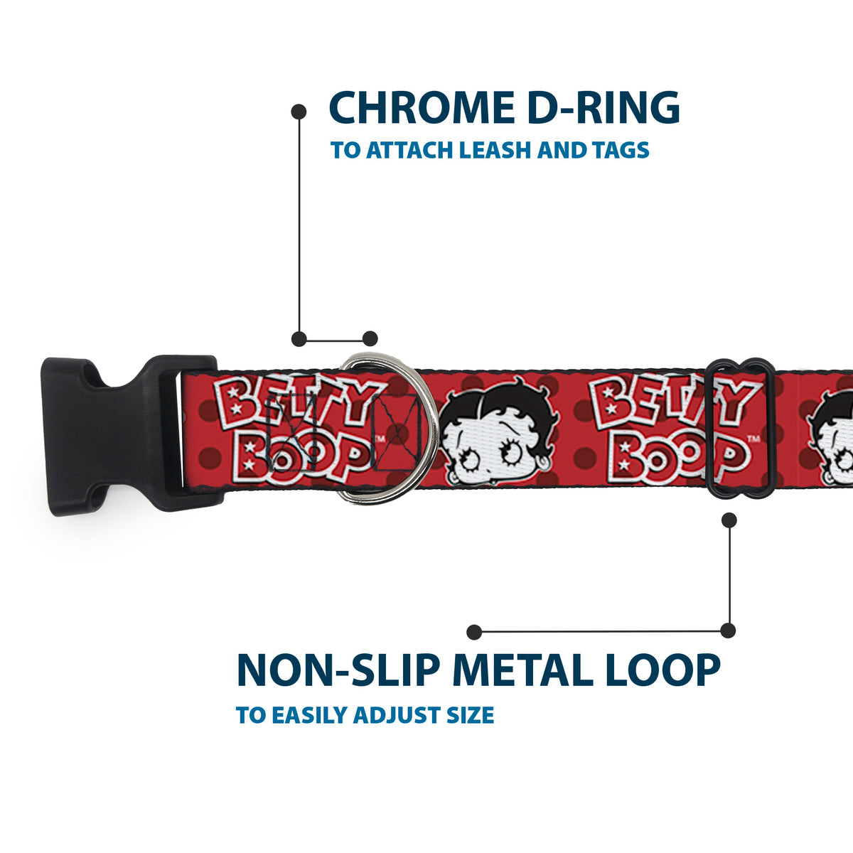 Plastic Clip Collar - BETTY BOOP Face and Text Polka Dot Reds/Black/White Dog Collars Plastic Clip Side Release Betty Boop