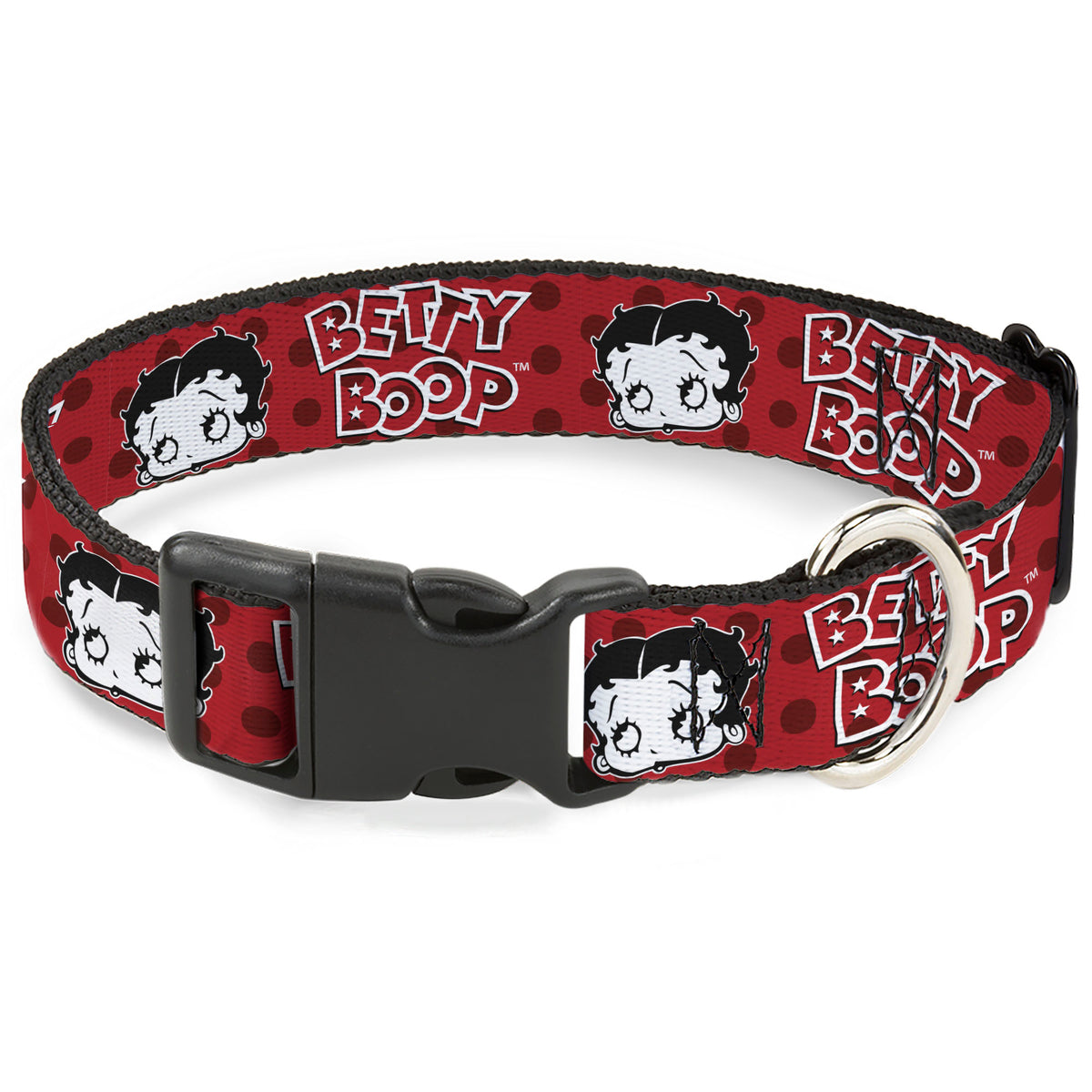 Plastic Clip Collar - BETTY BOOP Face and Text Polka Dot Reds/Black/White Dog Collars Plastic Clip Side Release Betty Boop
