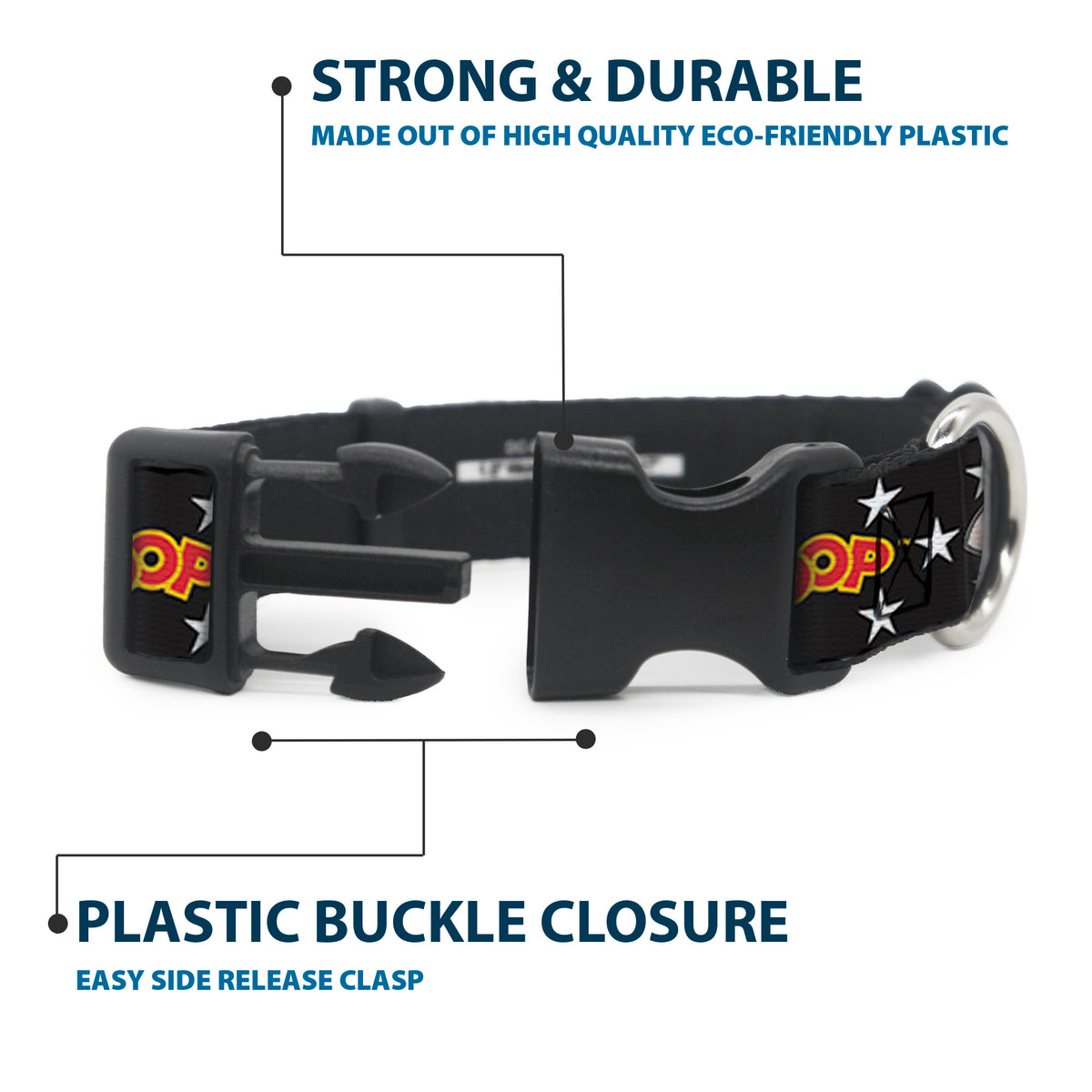 Plastic Clip Collar - BETTY BOOP Salute Pose and Text Stars Black/White/Yellow/Red Dog Collars Plastic Clip Side Release Betty Boop