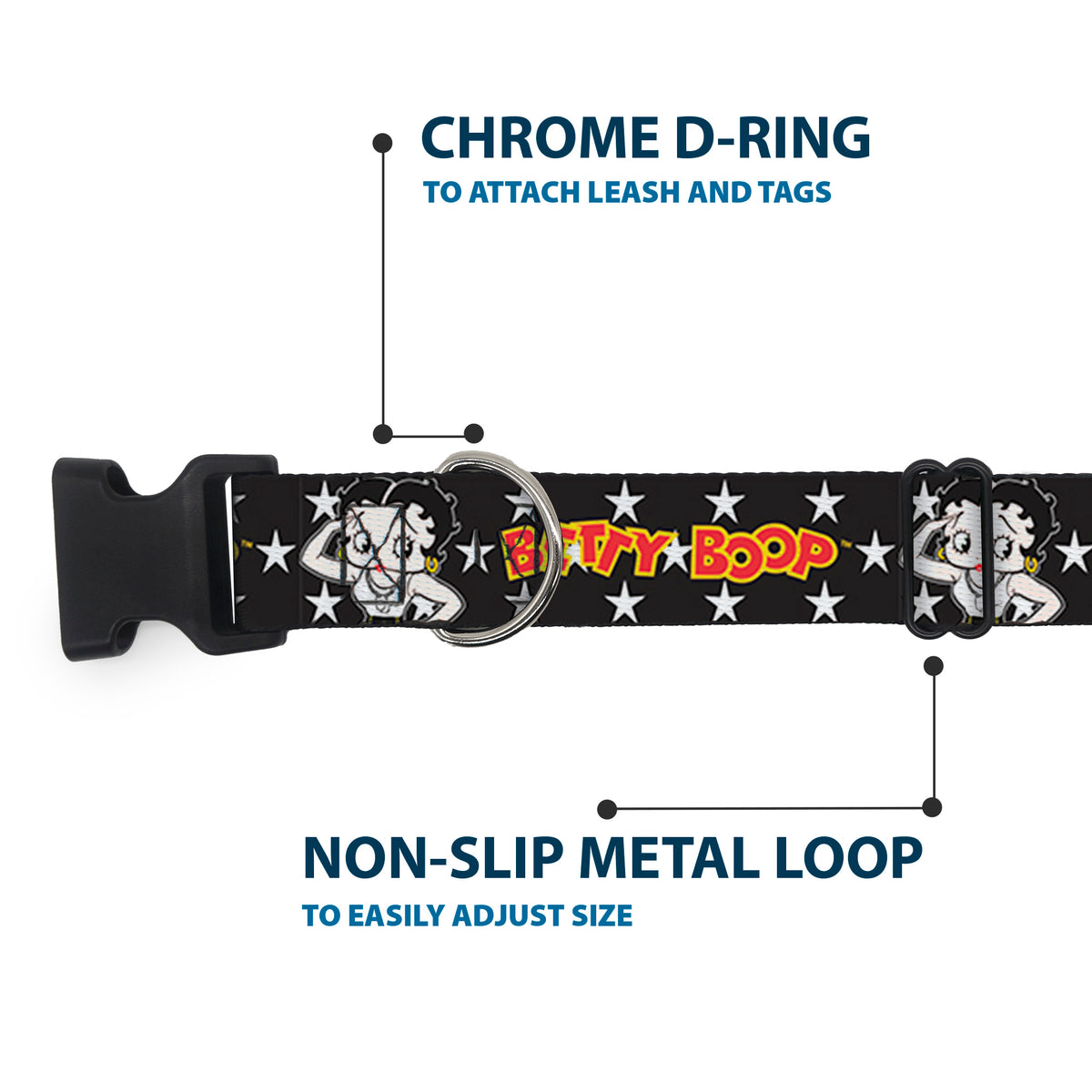Plastic Clip Collar - BETTY BOOP Salute Pose and Text Stars Black/White/Yellow/Red Dog Collars Plastic Clip Side Release Betty Boop