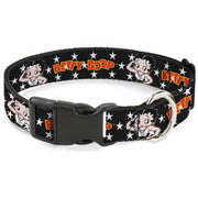 Plastic Clip Collar - BETTY BOOP Salute Pose and Text Stars Black/White/Yellow/Red Dog Collars Plastic Clip Side Release Betty Boop