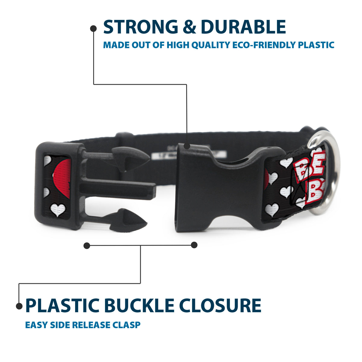 Plastic Clip Collar - BETTY BOOP Face and Text Hearts Black/White/Red Dog Collars Plastic Clip Side Release Betty Boop