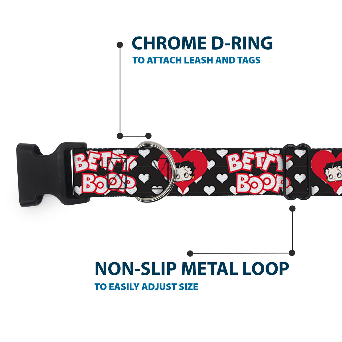 Plastic Clip Collar - BETTY BOOP Face and Text Hearts Black/White/Red Dog Collars Plastic Clip Side Release Betty Boop