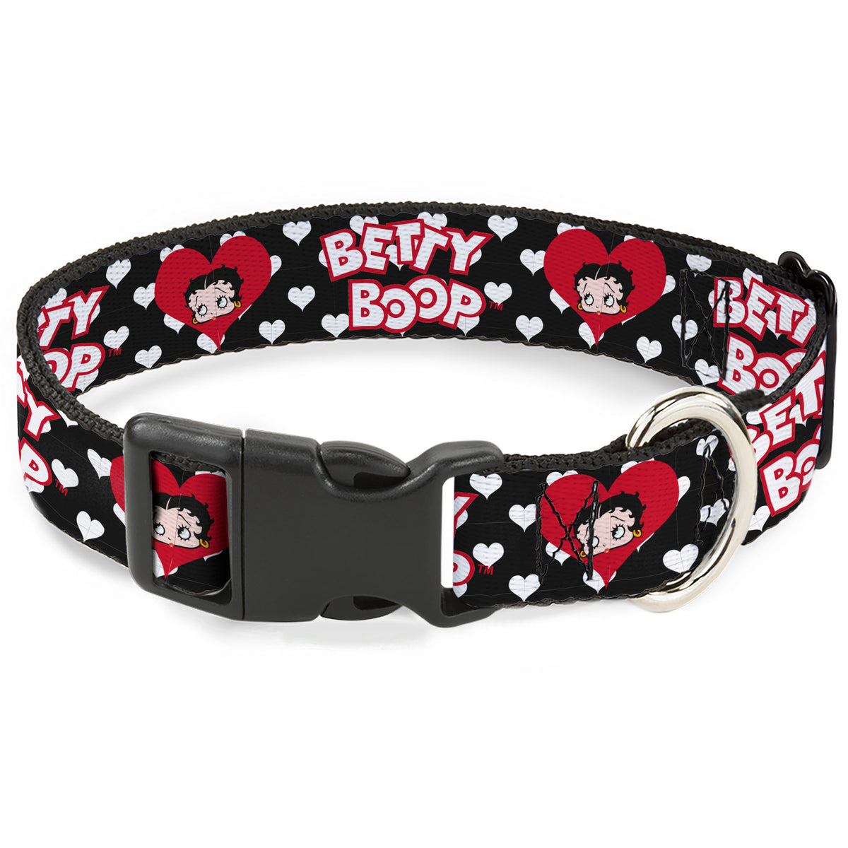 Plastic Clip Collar - BETTY BOOP Face and Text Hearts Black/White/Red Dog Collars Plastic Clip Side Release Betty Boop
