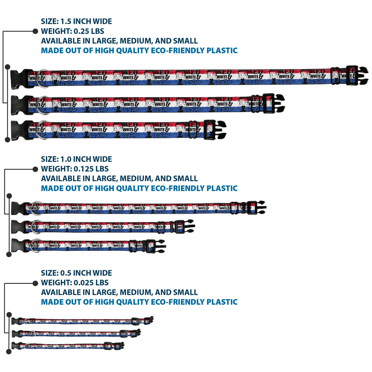 Plastic Clip Collar - Betty Boop RED WHITE & BOOP Pose Americana Stripe Red/White/Blue/Black Dog Collars Plastic Clip Side Release Betty Boop