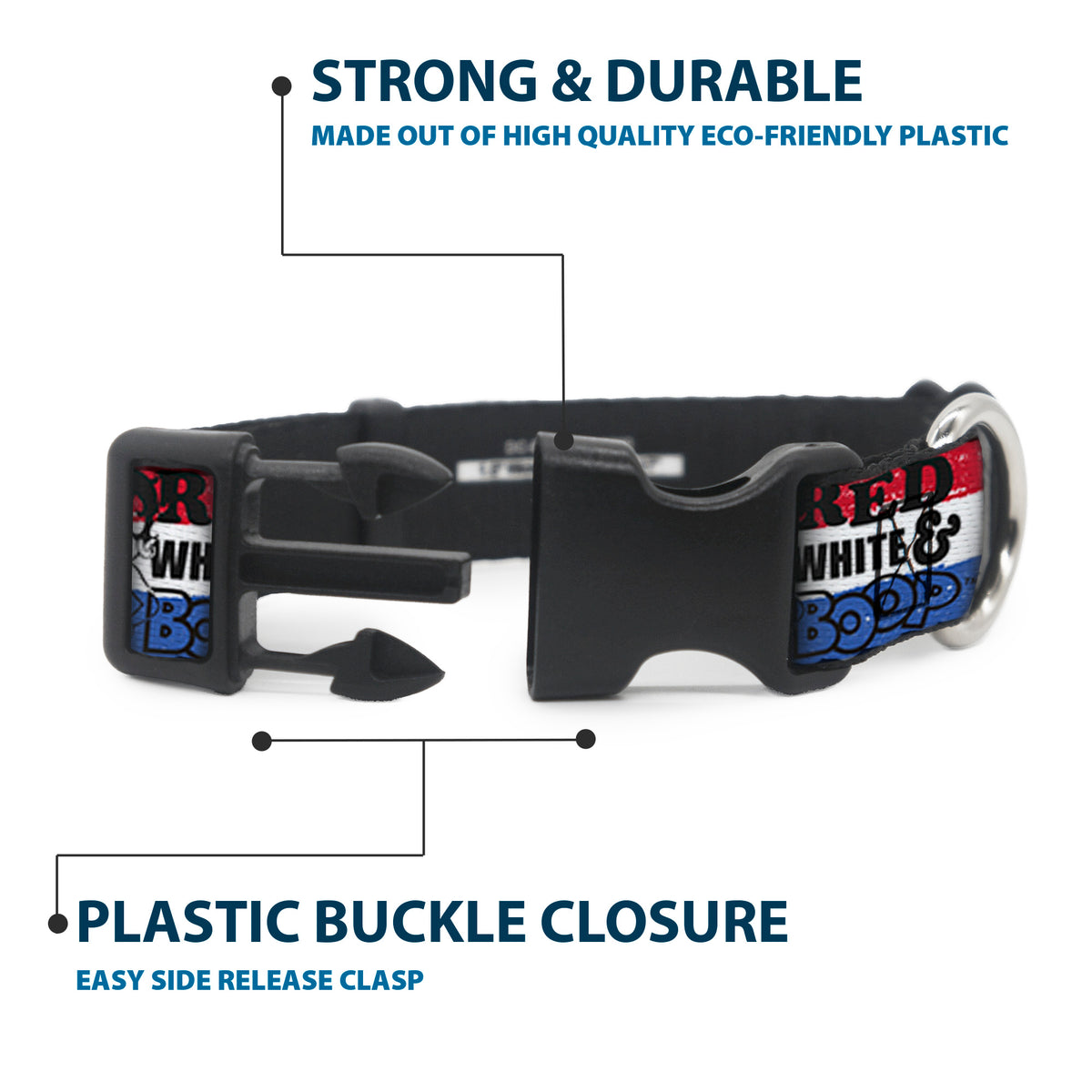 Plastic Clip Collar - Betty Boop RED WHITE & BOOP Pose Americana Stripe Red/White/Blue/Black Dog Collars Plastic Clip Side Release Betty Boop