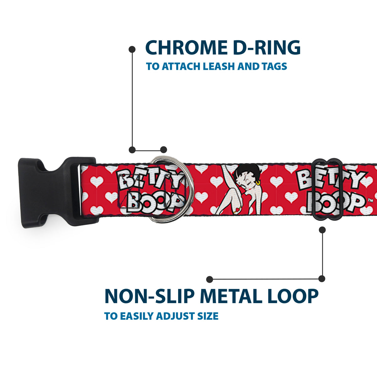Plastic Clip Collar - BETTY BOOP Seated Leg Kick Pose and Text Hearts Red/White/Black Dog Collars Plastic Clip Side Release Betty Boop