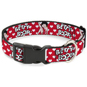 Plastic Clip Collar - BETTY BOOP Seated Leg Kick Pose and Text Hearts Red/White/Black Dog Collars Plastic Clip Side Release Betty Boop