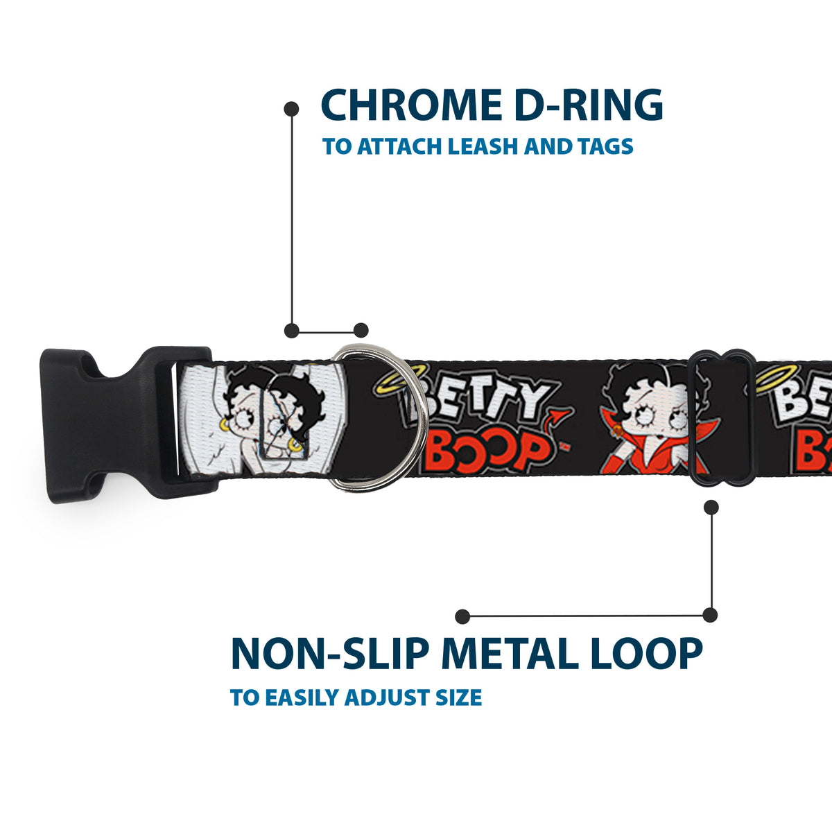 Plastic Clip Collar - BETTY BOOP Angel and Devil Poses with Text Black/White/Red Dog Collars Plastic Clip Side Release Betty Boop