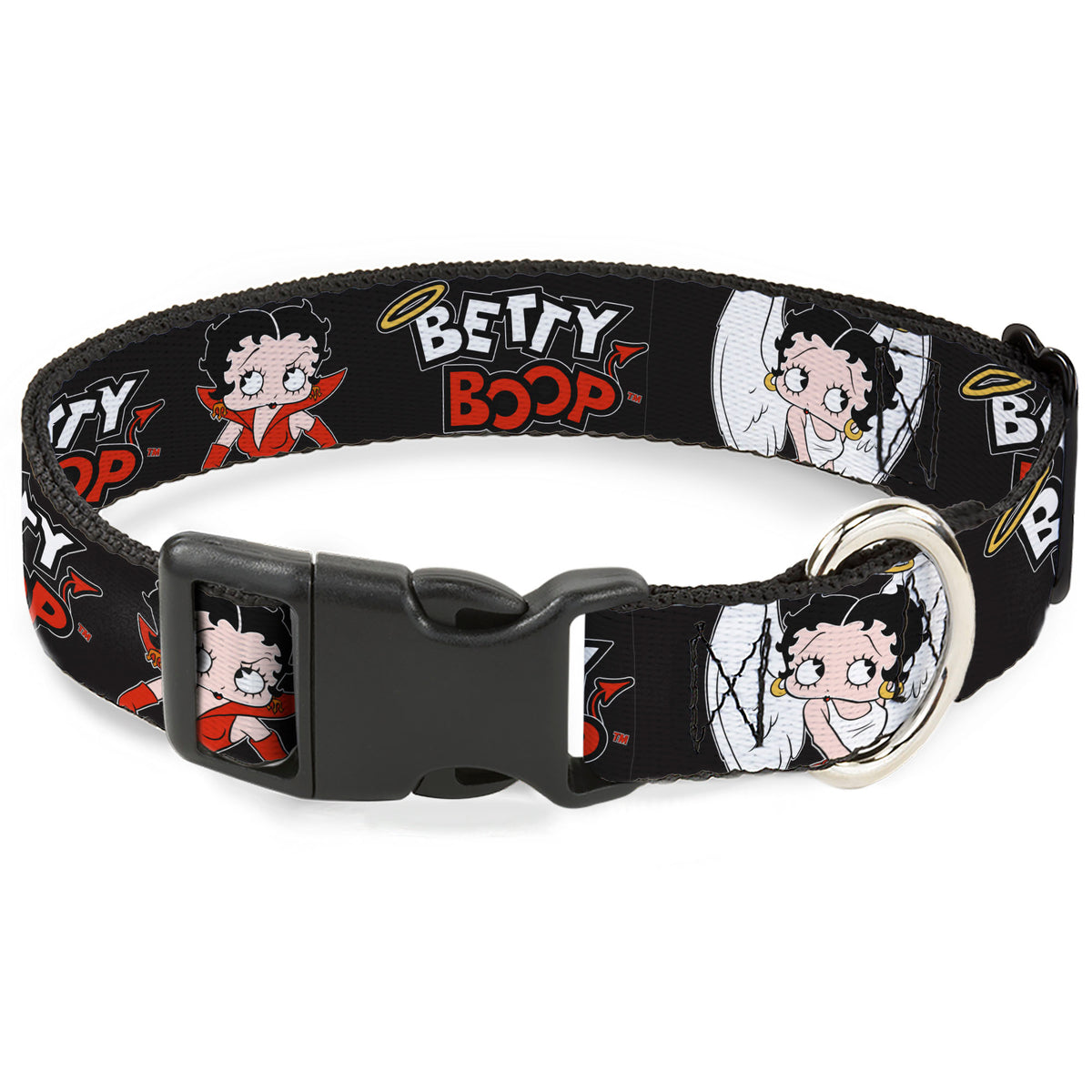 Plastic Clip Collar - BETTY BOOP Angel and Devil Poses with Text Black/White/Red Dog Collars Plastic Clip Side Release Betty Boop