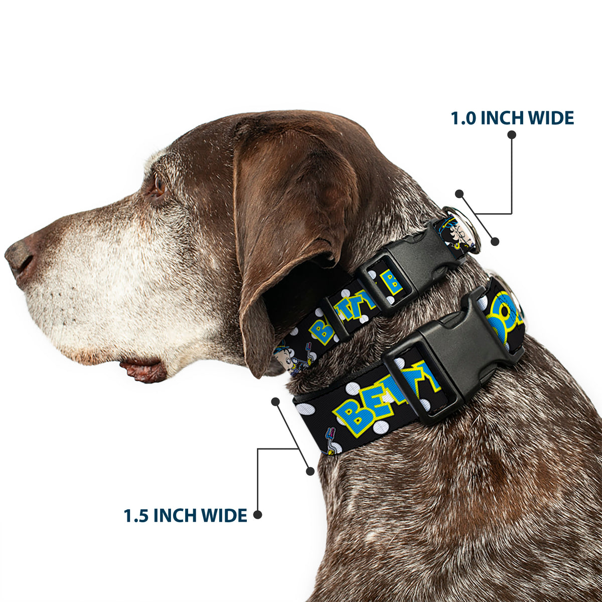 Plastic Clip Collar - BETTY BOOP Biker Betty Winking and Text Polka Dot Black/White/Yellow/Blue Dog Collars Plastic Clip Side Release Betty Boop