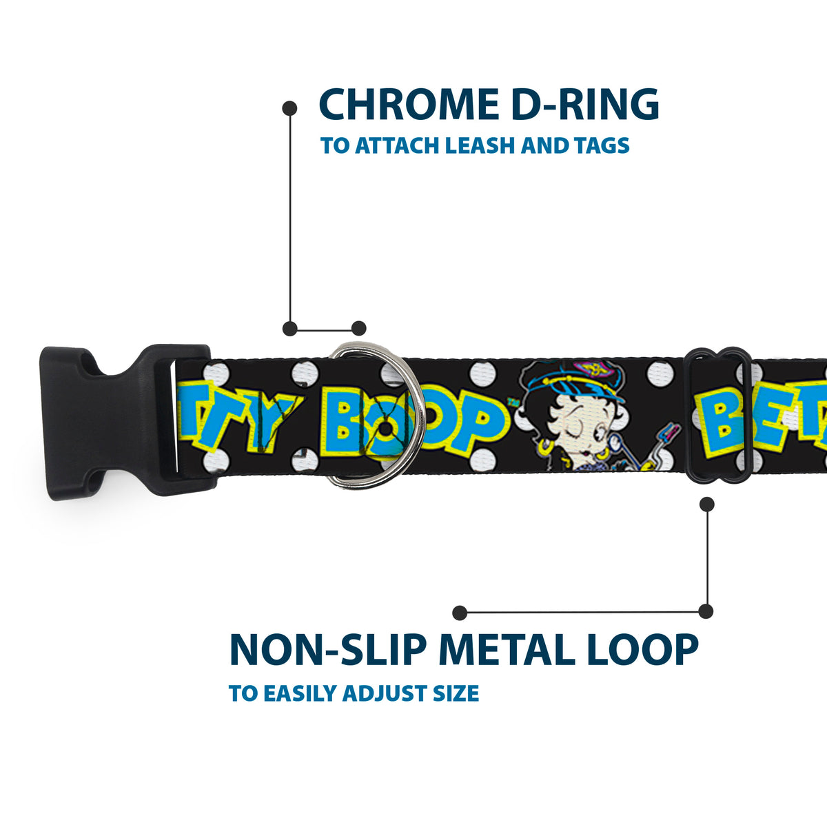 Plastic Clip Collar - BETTY BOOP Biker Betty Winking and Text Polka Dot Black/White/Yellow/Blue Dog Collars Plastic Clip Side Release Betty Boop
