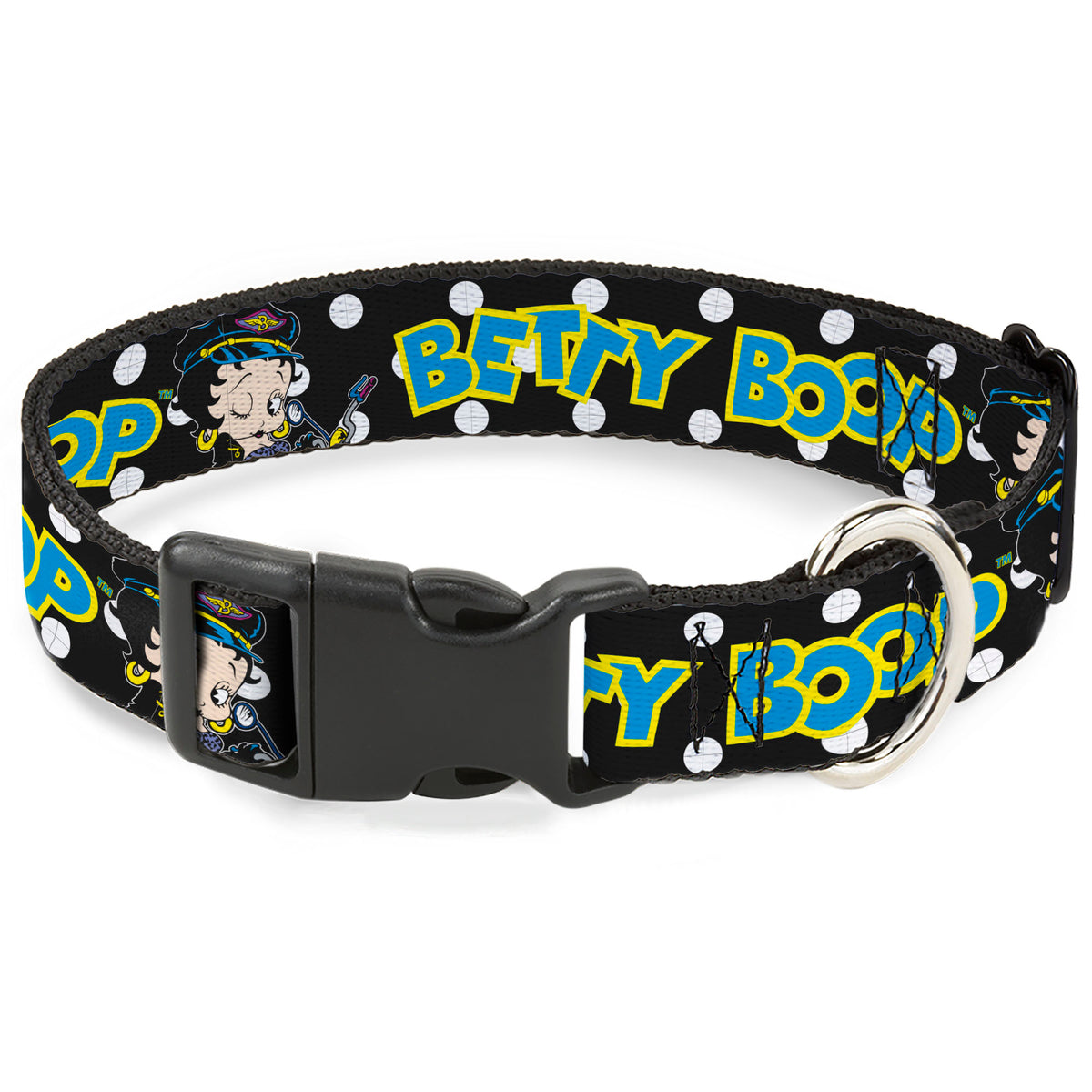 Plastic Clip Collar - BETTY BOOP Biker Betty Winking and Text Polka Dot Black/White/Yellow/Blue Dog Collars Plastic Clip Side Release Betty Boop