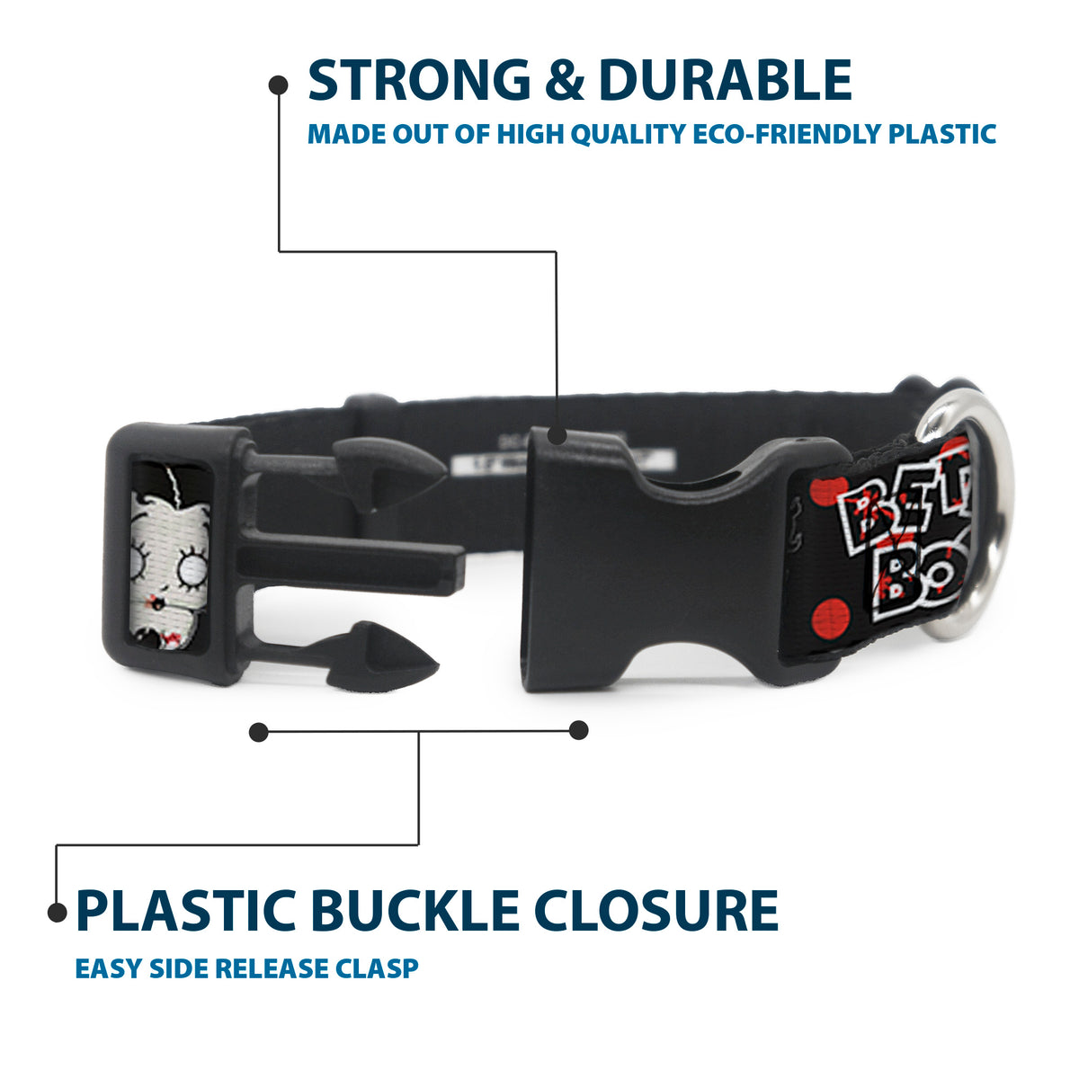 Plastic Clip Collar - BETTY BOOP Zombie Betty and Text Polka Dot Black/Red/White Dog Collars Plastic Clip Side Release Betty Boop