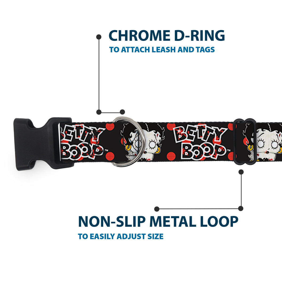 Plastic Clip Collar - BETTY BOOP Zombie Betty and Text Polka Dot Black/Red/White Dog Collars Plastic Clip Side Release Betty Boop