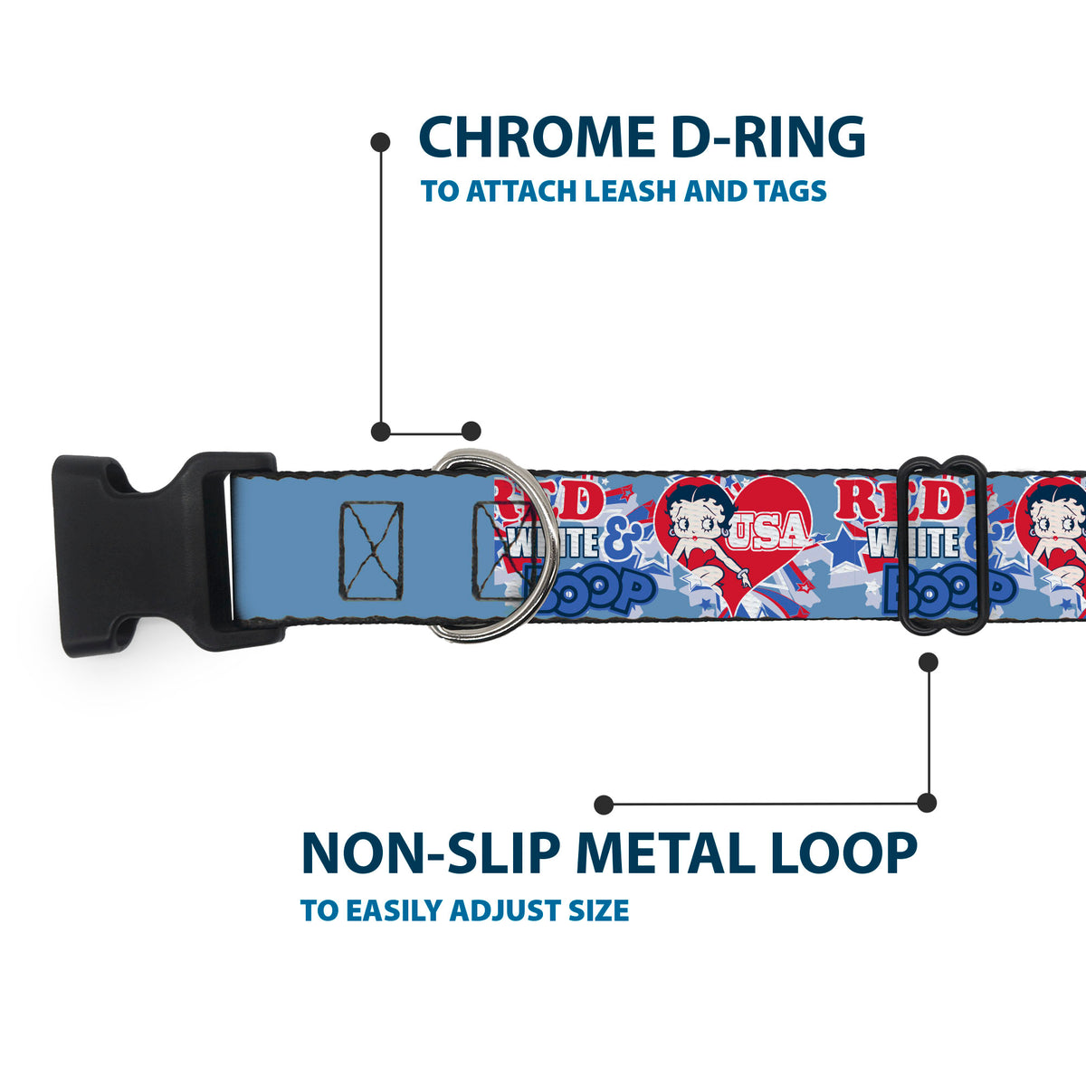 Plastic Clip Collar - Betty Boop RED WHITE & BOOP Heart Pose Blues/Reds Dog Collars Plastic Clip Side Release Betty Boop