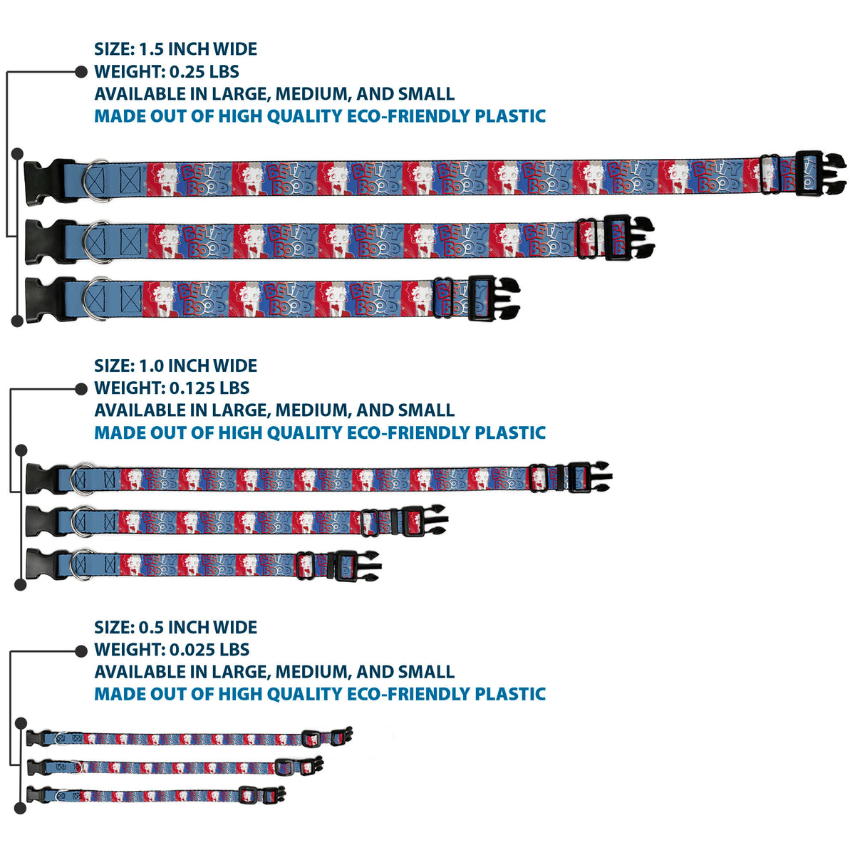 Plastic Clip Collar - BETTY BOOP Americana Pose and Stripes Reds/White/Blues Dog Collars Plastic Clip Side Release Betty Boop