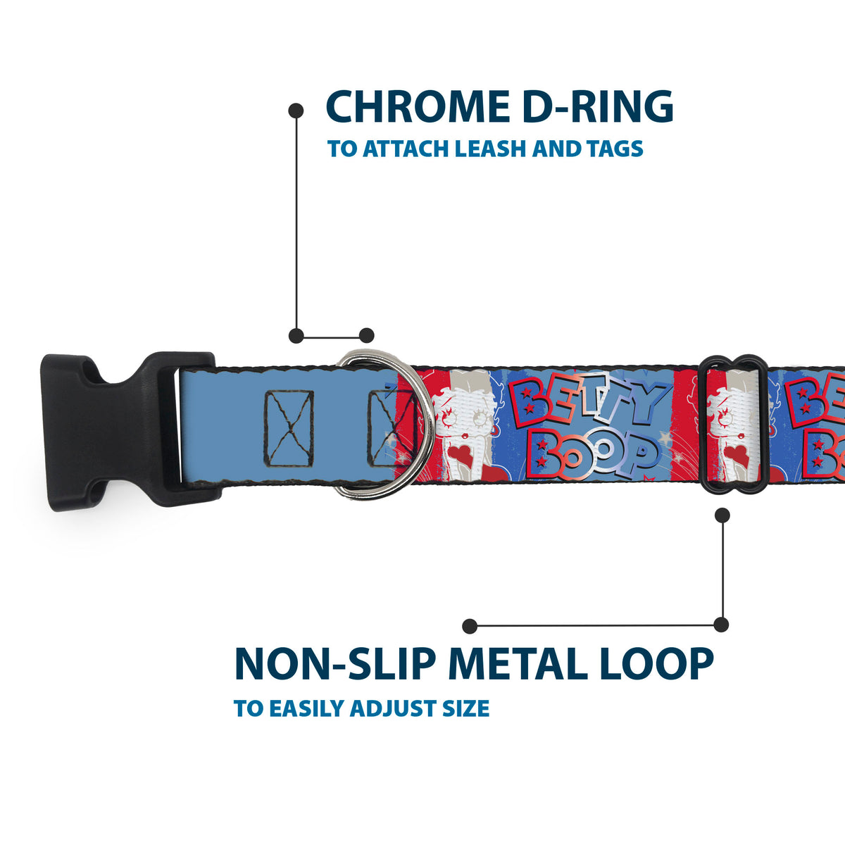 Plastic Clip Collar - BETTY BOOP Americana Pose and Stripes Reds/White/Blues Dog Collars Plastic Clip Side Release Betty Boop