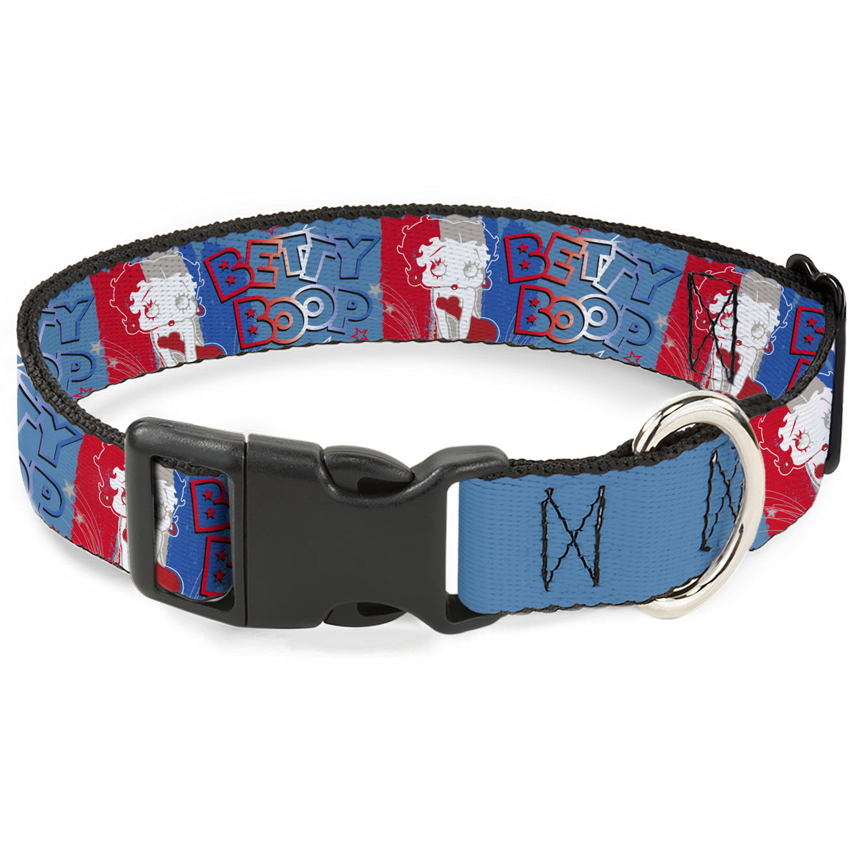 Plastic Clip Collar - BETTY BOOP Americana Pose and Stripes Reds/White/Blues Dog Collars Plastic Clip Side Release Betty Boop