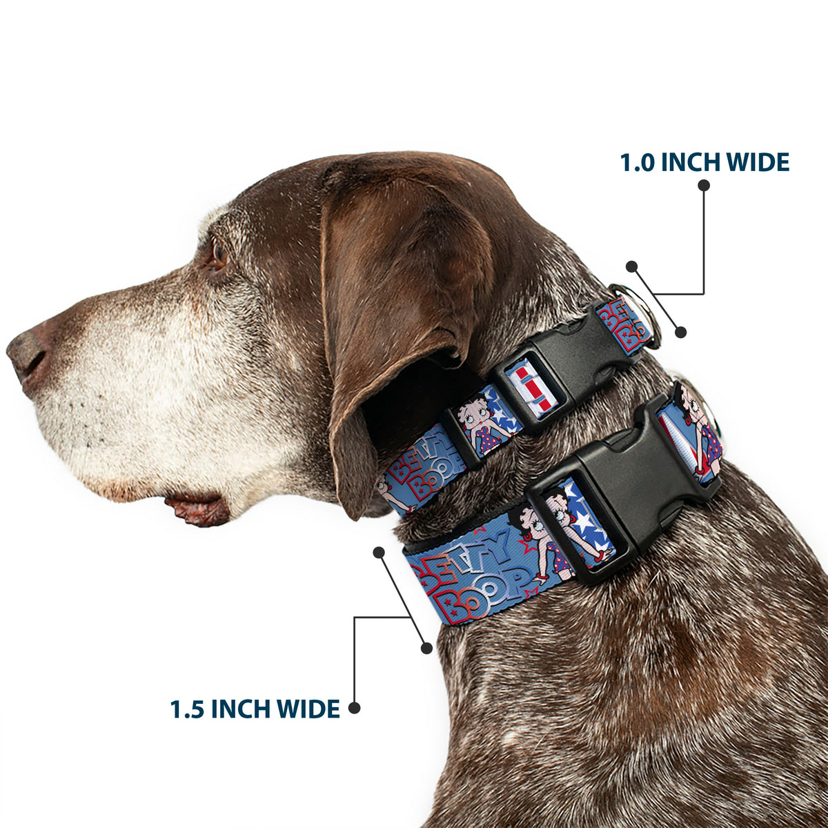 Plastic Clip Collar - BETTY BOOP Americana USA Pose Blues/Reds/White Dog Collars Plastic Clip Side Release Betty Boop