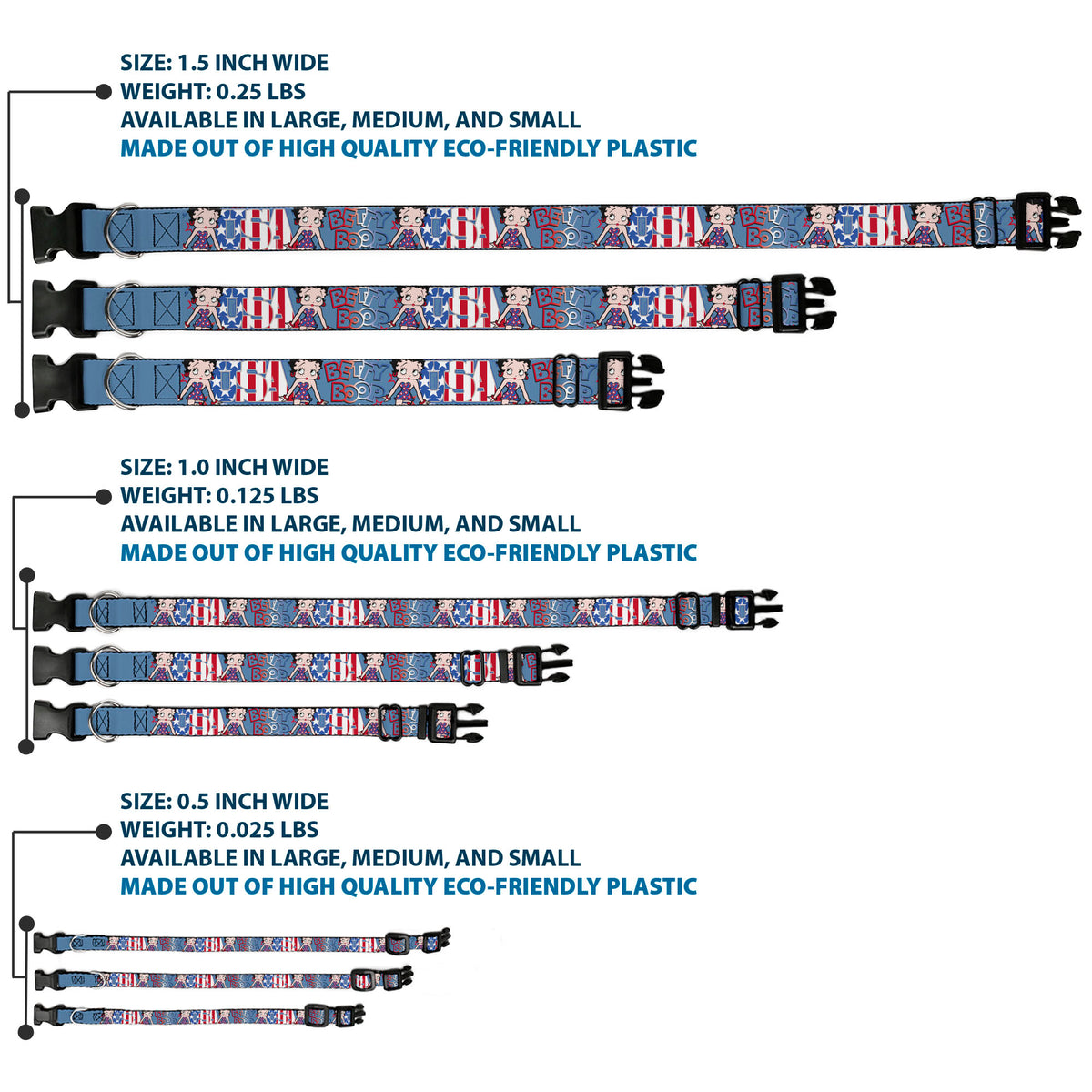 Plastic Clip Collar - BETTY BOOP Americana USA Pose Blues/Reds/White Dog Collars Plastic Clip Side Release Betty Boop