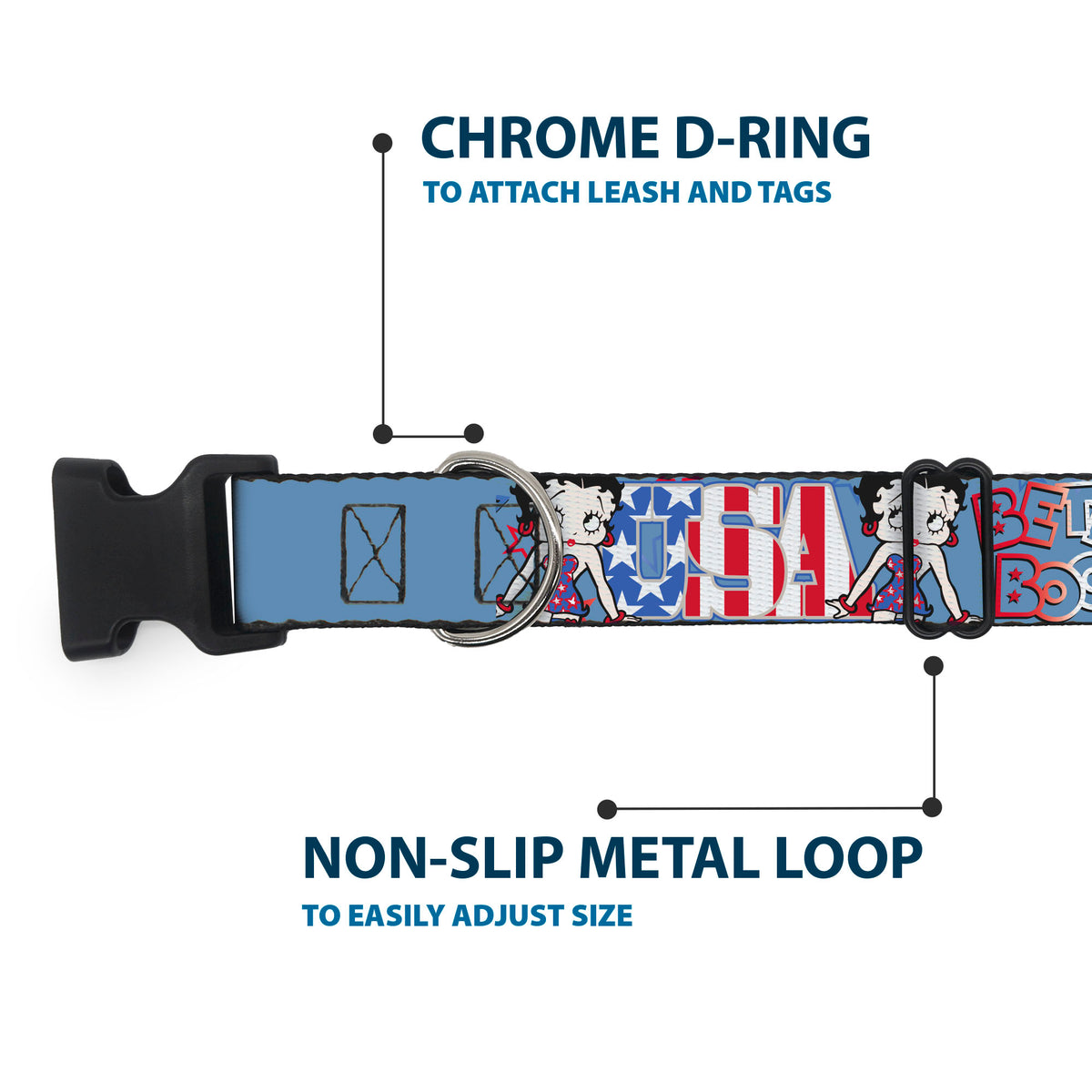 Plastic Clip Collar - BETTY BOOP Americana USA Pose Blues/Reds/White Dog Collars Plastic Clip Side Release Betty Boop