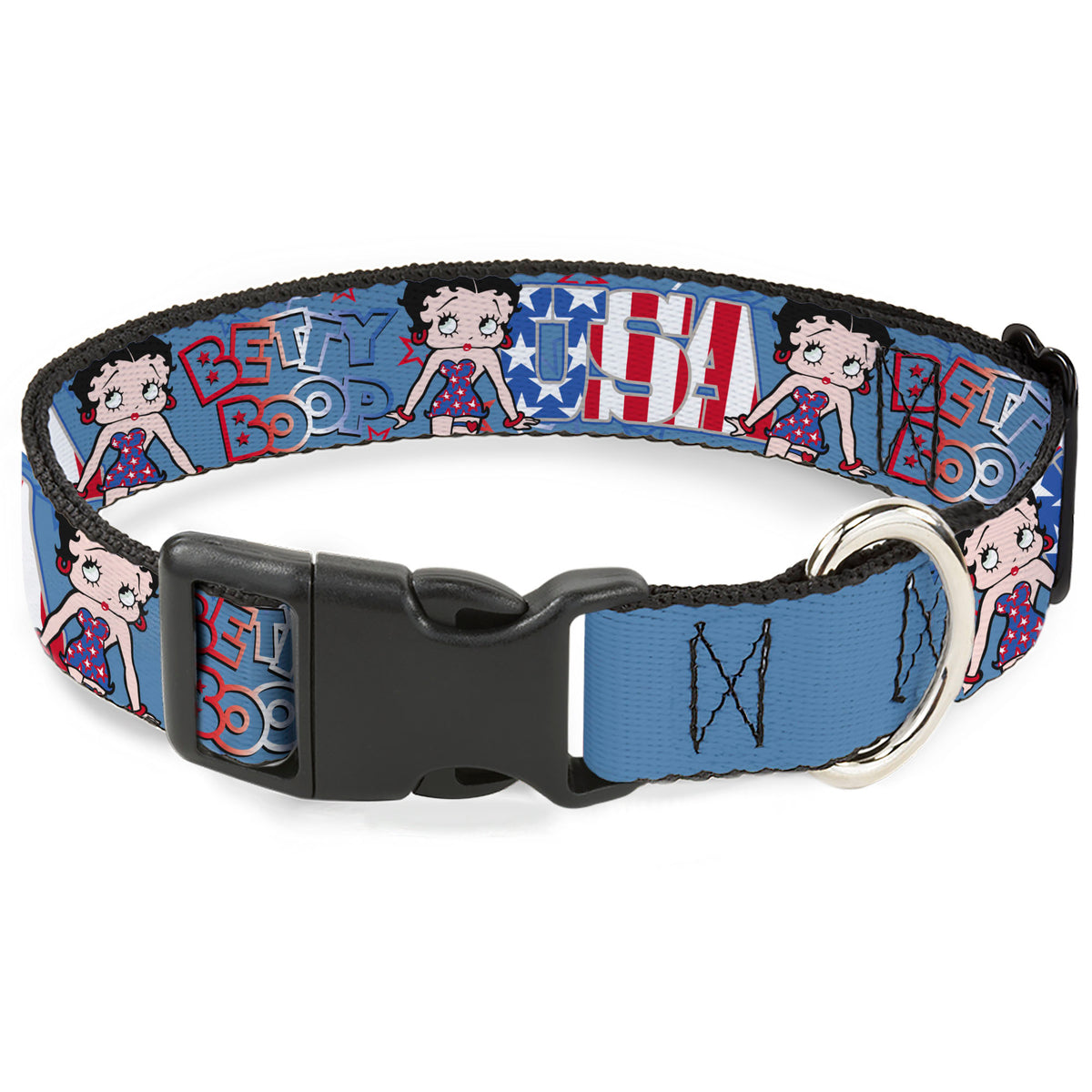 Plastic Clip Collar - BETTY BOOP Americana USA Pose Blues/Reds/White Dog Collars Plastic Clip Side Release Betty Boop