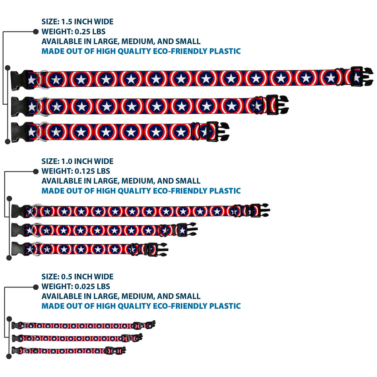 Plastic Clip Collar - Captain America Shield Repeat Navy Dog Collars Plastic Clip Side Release Marvel Comics