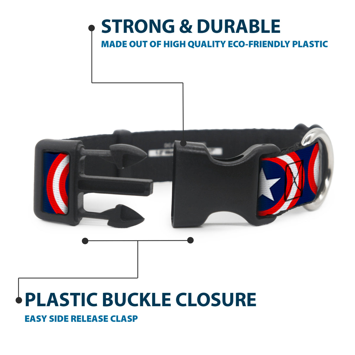Plastic Clip Collar - Captain America Shield Repeat Navy Dog Collars Plastic Clip Side Release Marvel Comics