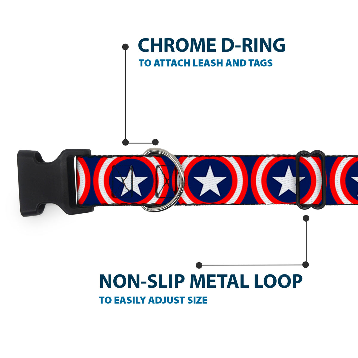 Plastic Clip Collar - Captain America Shield Repeat Navy Dog Collars Plastic Clip Side Release Marvel Comics