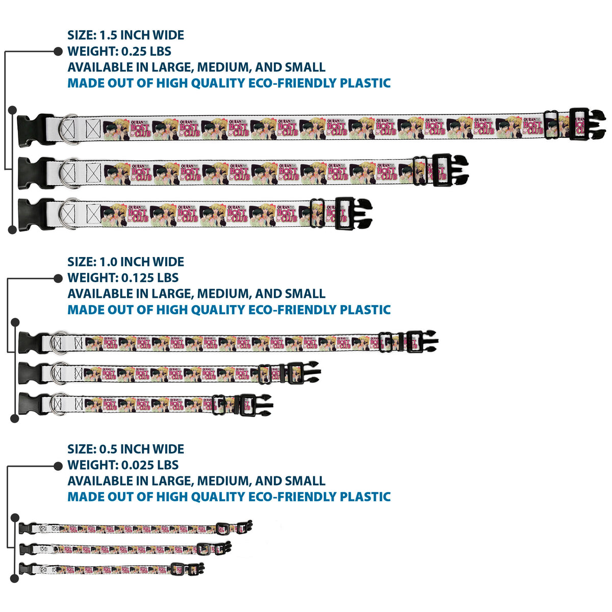 Plastic Clip Collar - OURAN HIGH SCHOOL HOST CLUB Kyoya Haruhi and Antoinette Pose and Title Logo White Dog Collars Plastic Clip Side Release Ouran High School Host Club