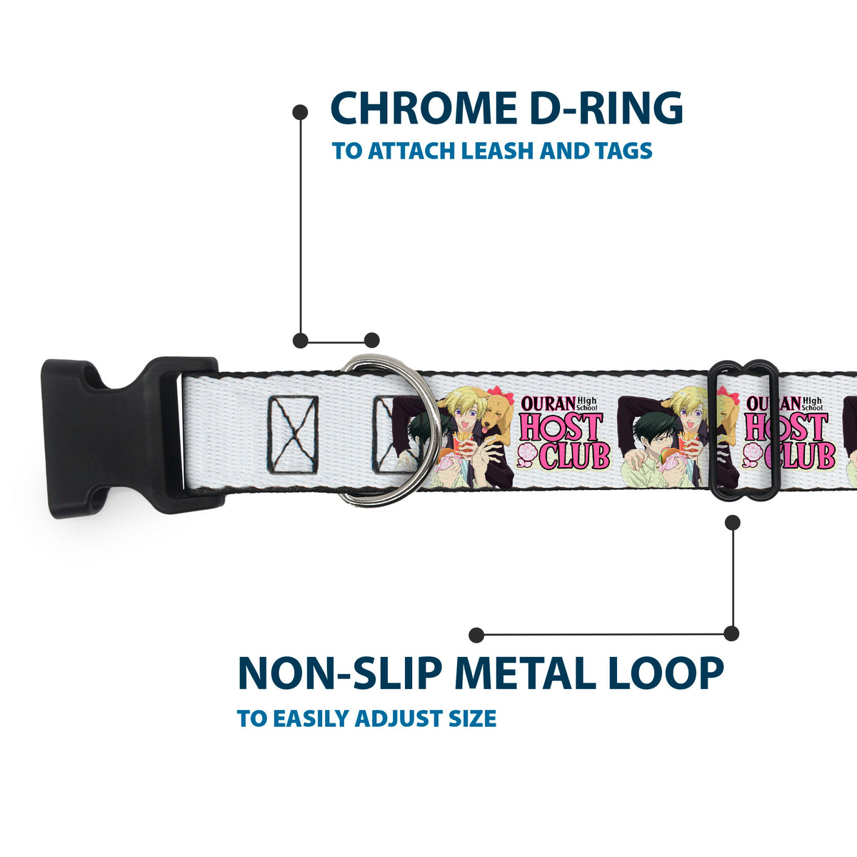 Plastic Clip Collar - OURAN HIGH SCHOOL HOST CLUB Kyoya Haruhi and Antoinette Pose and Title Logo White Dog Collars Plastic Clip Side Release Ouran High School Host Club