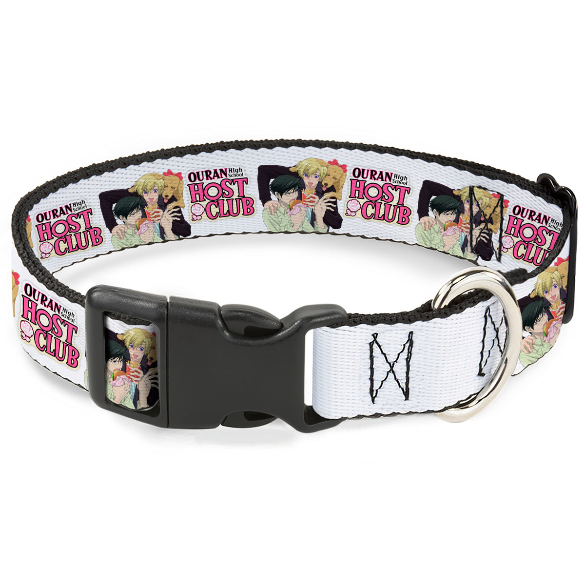 Plastic Clip Collar - OURAN HIGH SCHOOL HOST CLUB Kyoya Haruhi and Antoinette Pose and Title Logo White Dog Collars Plastic Clip Side Release Ouran High School Host Club