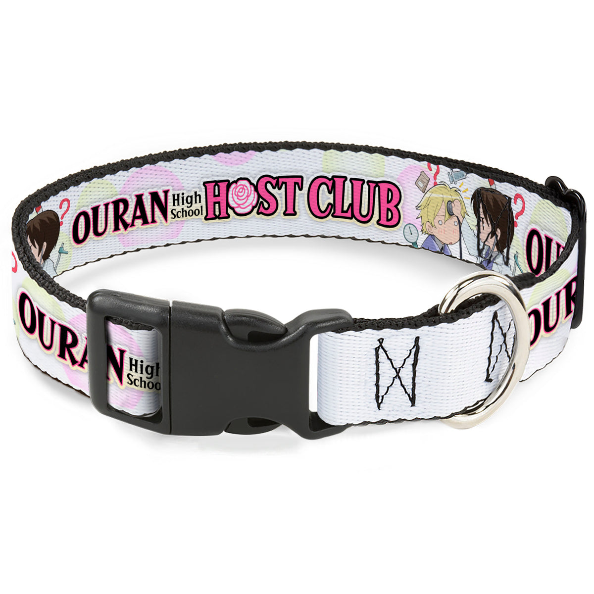Plastic Clip Collar - OURAN HIGH SCHOOL Chibi Tamaki and Haruhi Pose and Title Logo White Dog Collars Plastic Clip Side Release Ouran High School Host Club