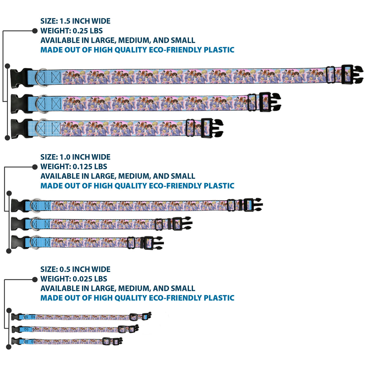 Plastic Clip Collar - Ouran High School Host Club Seven Character Sushi Dining Pose Pink/Blue Dog Collars Plastic Clip Side Release Ouran High School Host Club