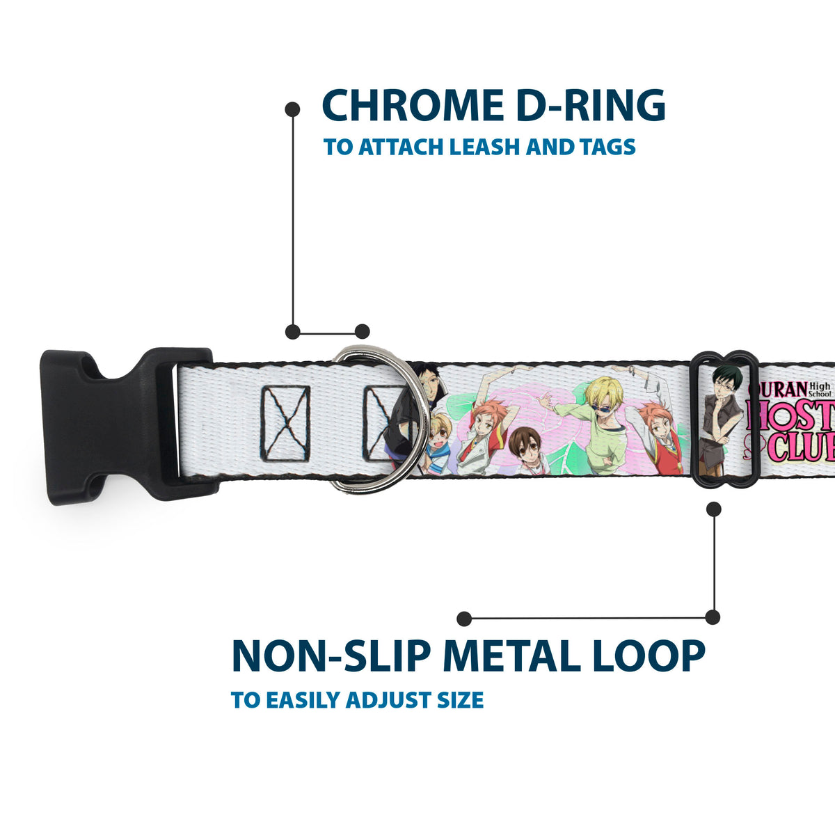 Plastic Clip Collar - OURAN HIGH SCHOOL Seven Character Group Pose and Title Logo White Dog Collars Plastic Clip Side Release Ouran High School Host Club